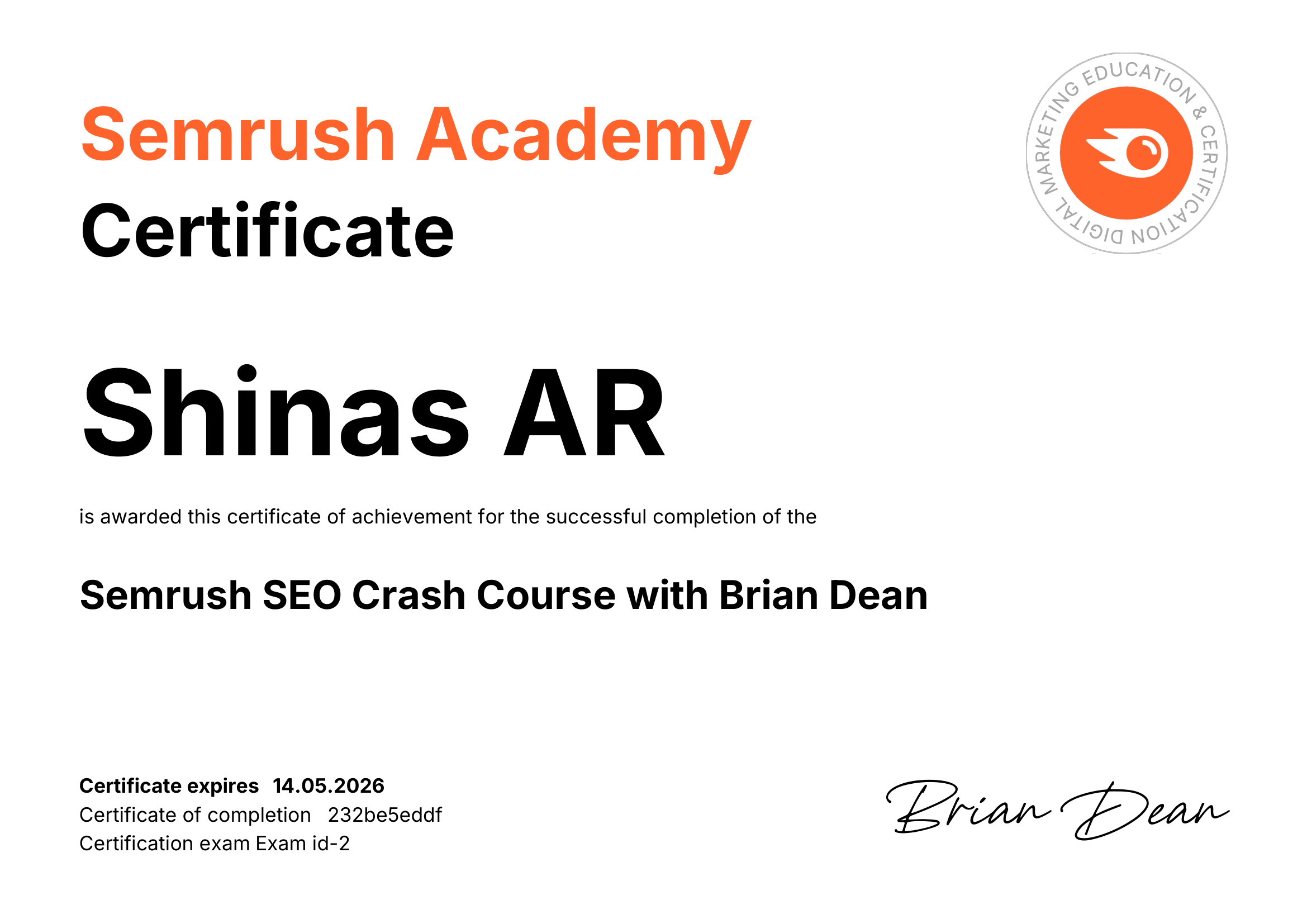 Semrush SEO Crash Course certificate